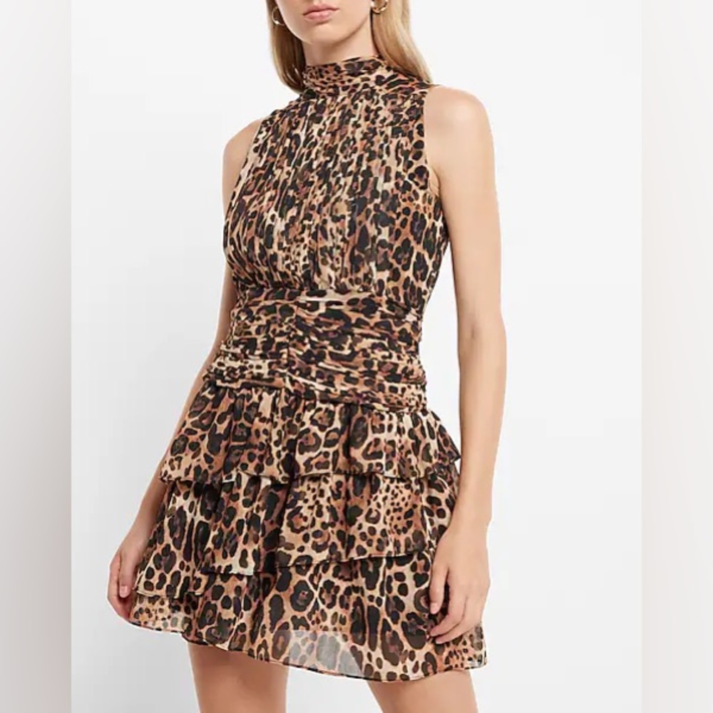 Express Leopard Print Mock Neck Ruched Waist Tiered Mini Dress